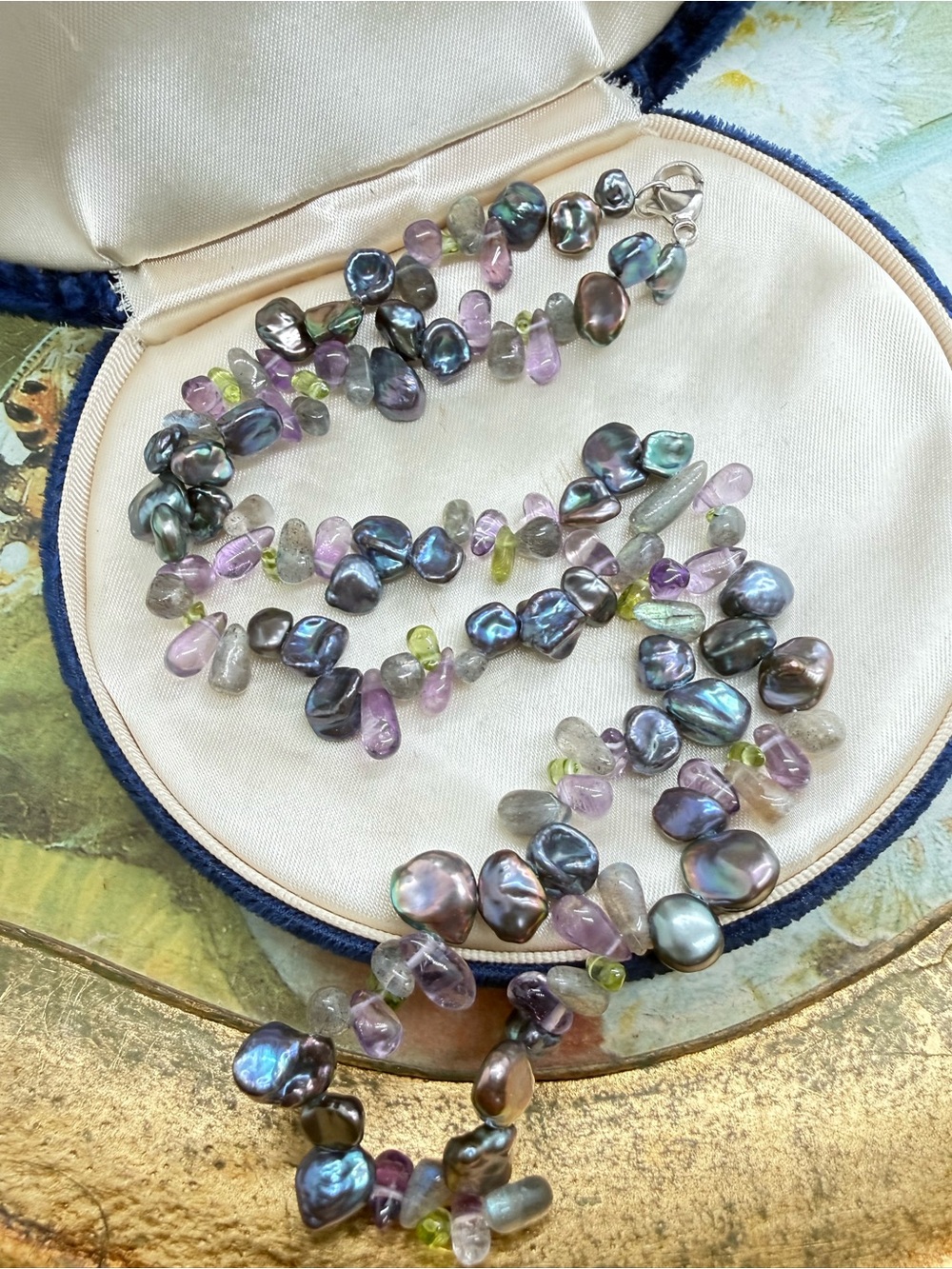 Vintage Silver Peacock Pearl & Gemstone Necklace